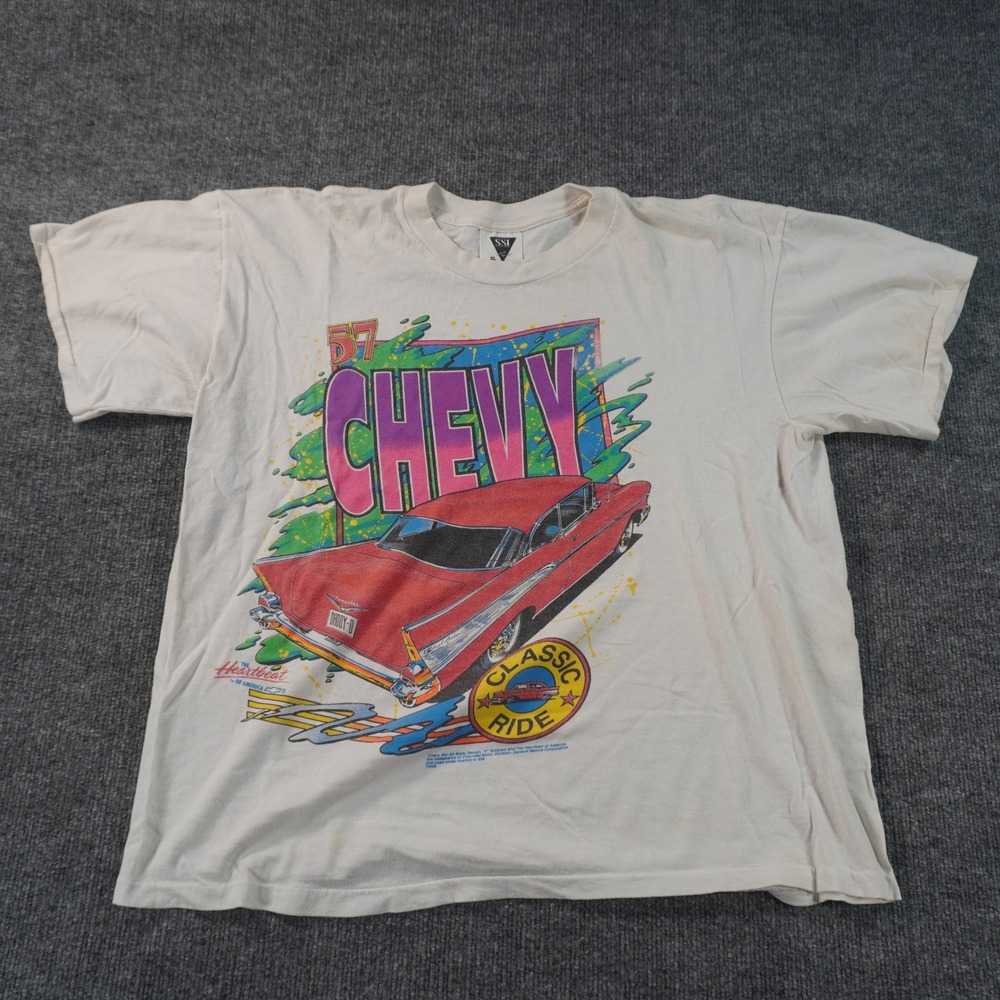 SSI Chevy Graphic T-Shirt Mens XL Off-White 57 Bel Air Heartbeat of America 90s